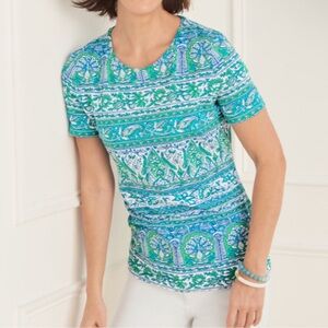 Talbots Tee Classic Crewneck Cotton Woodblock Ribbon Print Mint Aqua Floral